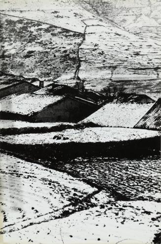 Pueblo rural y campos de cultivo nevados