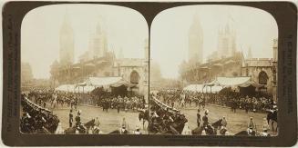 The State Coach, containing their Majesties, King Edward and Queen Alexandra, arriving at Westminster Abbey, Coronation of Edward VII