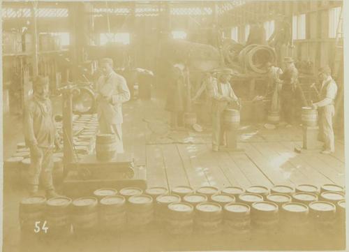 Pampa and oficina views. Interior of iodine house. Packing iodine in barrels