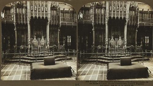 Woolsack of the Chancellor and Thrones of the King and Queen, Housses of Parliament, London, England