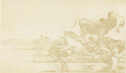 Francisco de Goya y Lucientes. Death of the Alcalde of Torrejon, on the stone seats in the bull-ring at Madrid. From Goya´s Treinta y tres Estampas que representen diferentes suertes y actitudes del arte de lidiar los Toros